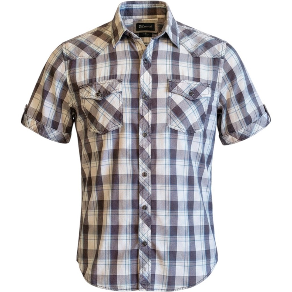 7 Diamonds Western Snap Shirt Mens M Brown Blue Plaid Excellent Short Sleeve‎